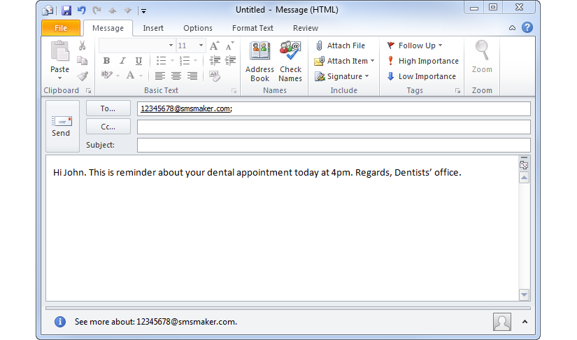 Composing an SMS in Outlook